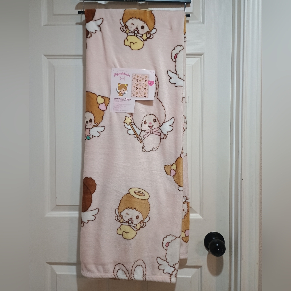 NWT Monchhichi Pink Soft Plush Throw Blanket Size 50x70